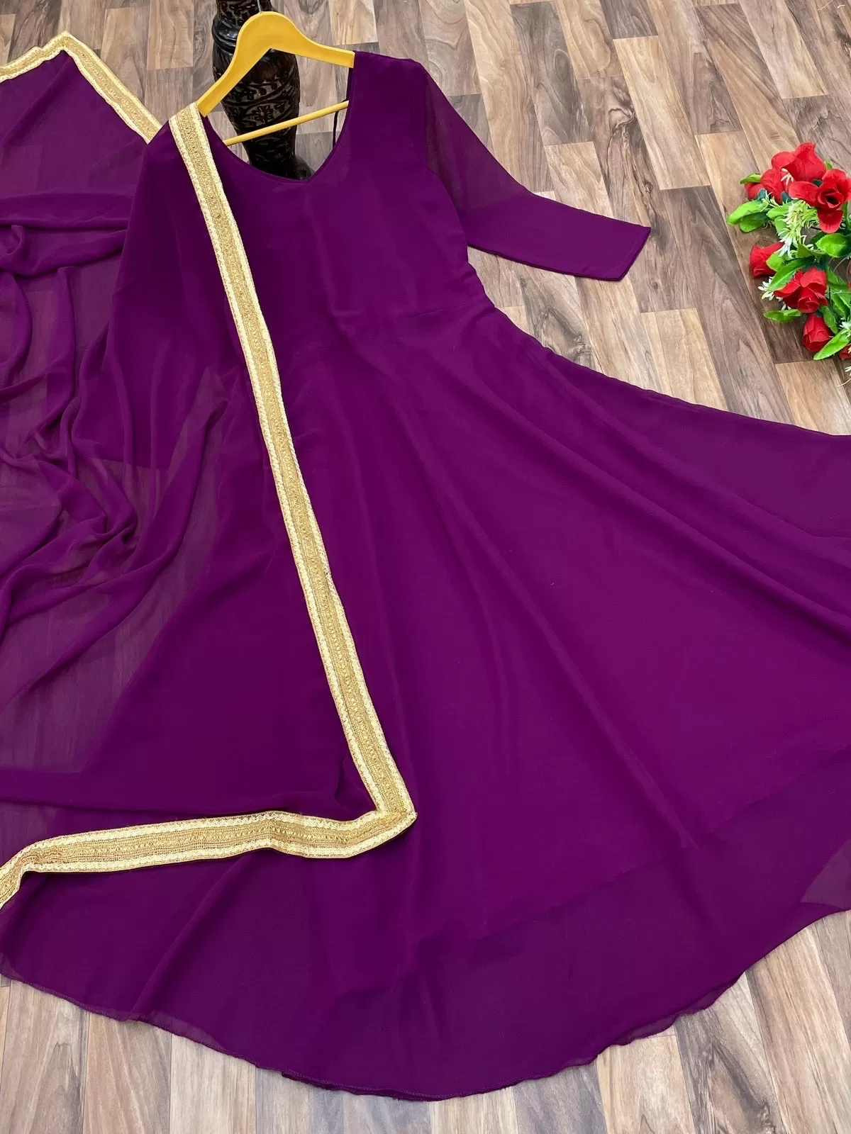 Purple Anarkali Long Kurti Dupatta 2 Pcs