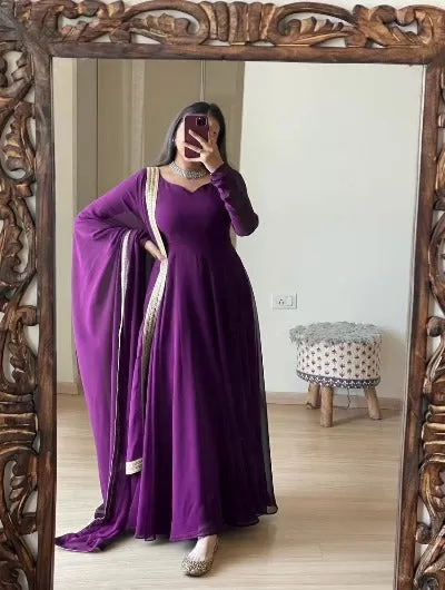 Purple Anarkali Long Kurti Dupatta 2 Pcs