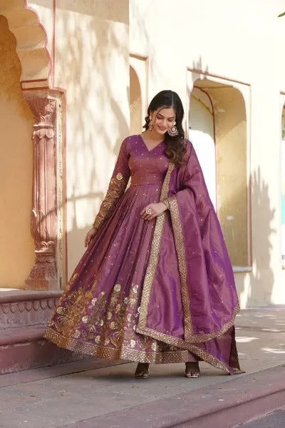 Purple Designer Viscous Cosmos Anarkali Gown With Dupatta Set Of 2