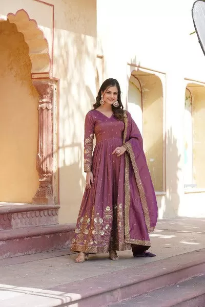 Purple Designer Viscous Cosmos Anarkali Gown With Dupatta Set Of 2