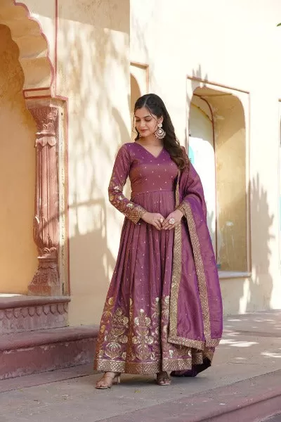 Purple Designer Viscous Cosmos Anarkali Gown With Dupatta Set Of 2