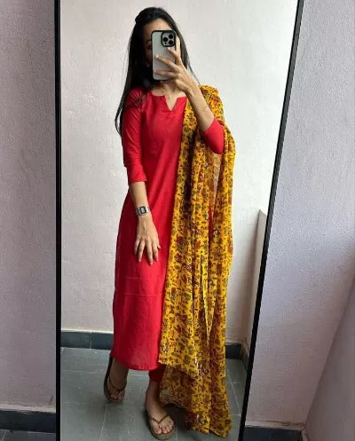 Red Georgette Straight Gown With Yellow Kalamkari Dupatta 2Pc