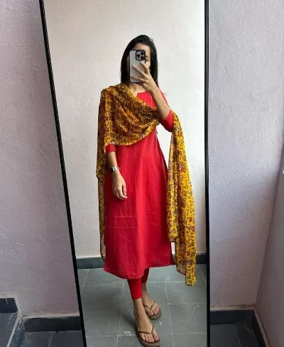 Red Georgette Straight Gown With Yellow Kalamkari Dupatta 2Pc