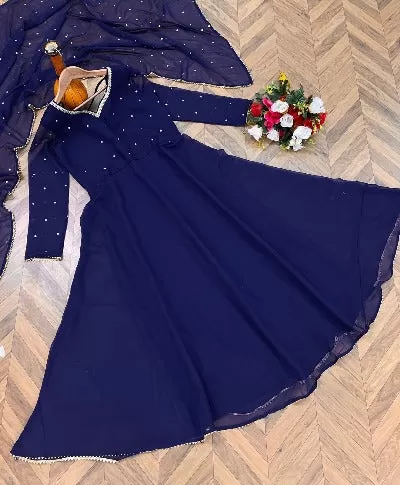 Royal Blue Georgette Long Anarkali Dupatta Set