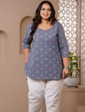 Short Plus Size Kurti Tunic Grey Cotton