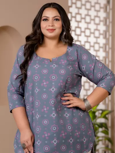 Short Plus Size Kurti Tunic Grey Cotton