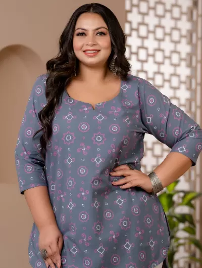 Short Plus Size Kurti Tunic Grey Cotton