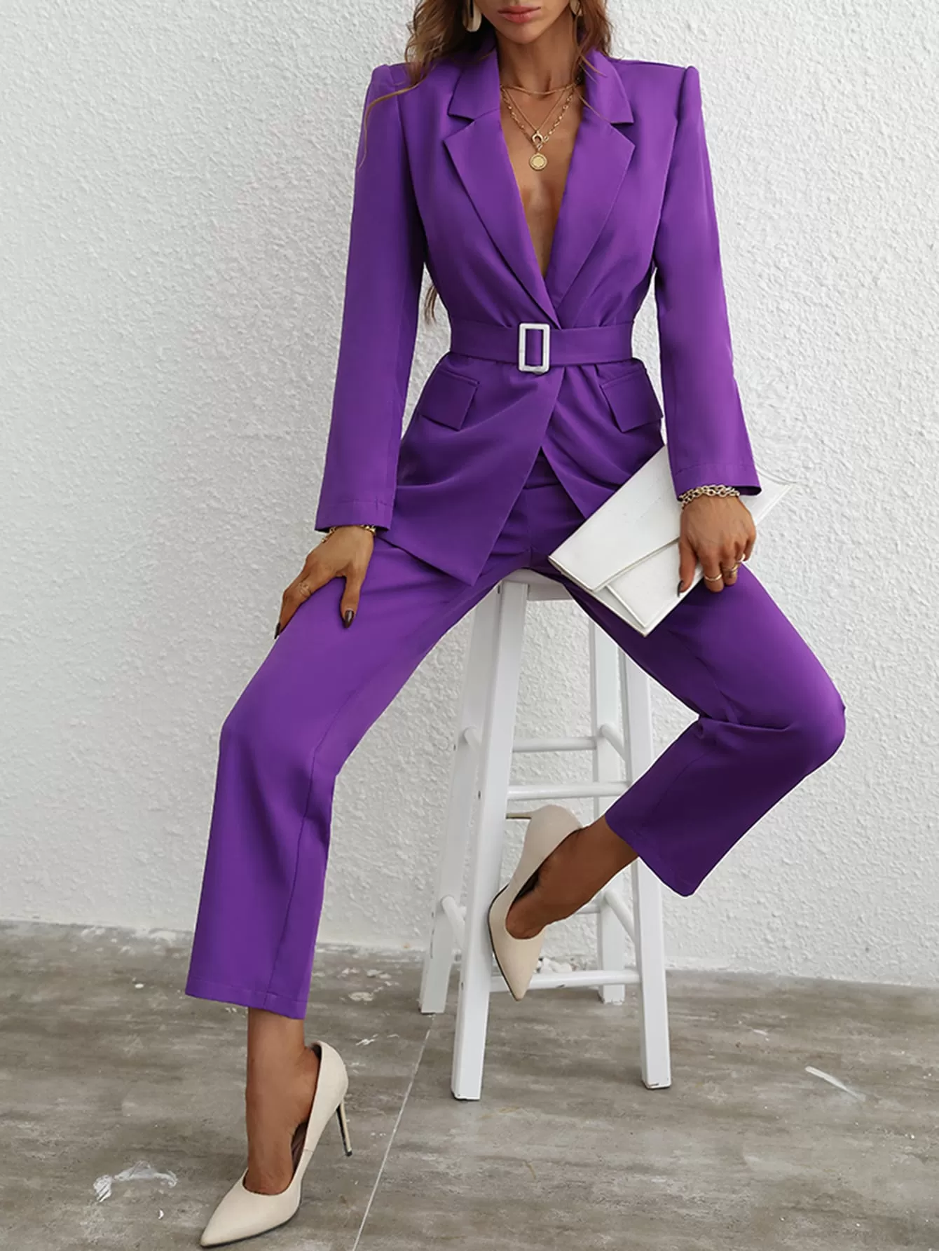 Single Button Belted Blazer Tailored Pants