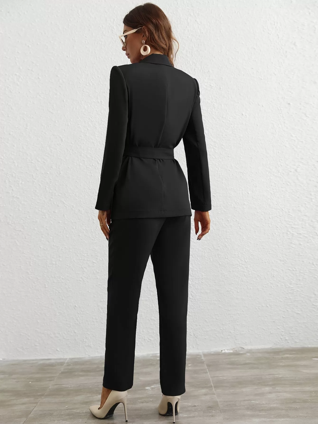 Single Button Belted Blazer Tailored Pants