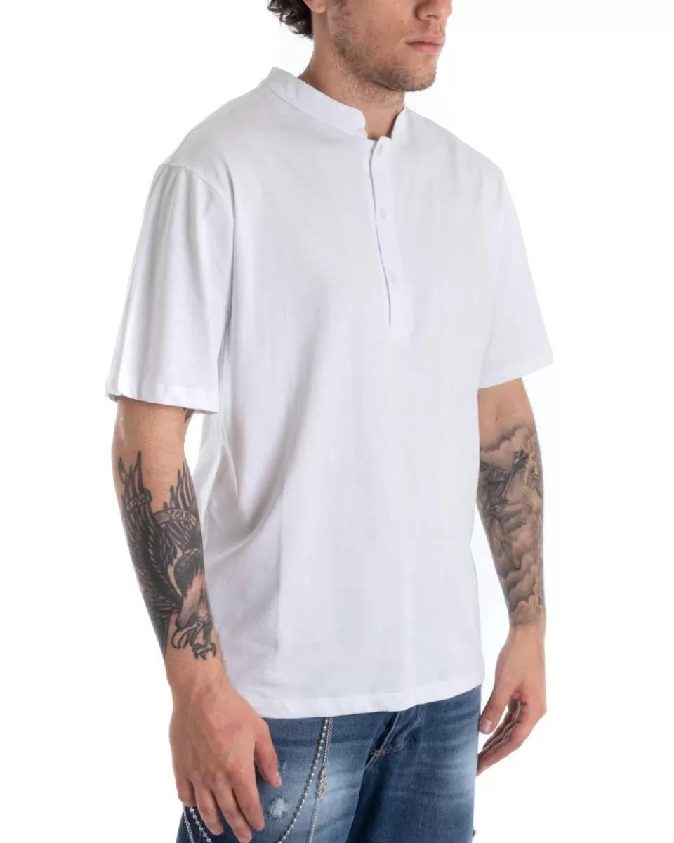 T-shirt Uomo Collo Bottoni Tinta Unita Manica Corta Bianca Casual GIOSAL