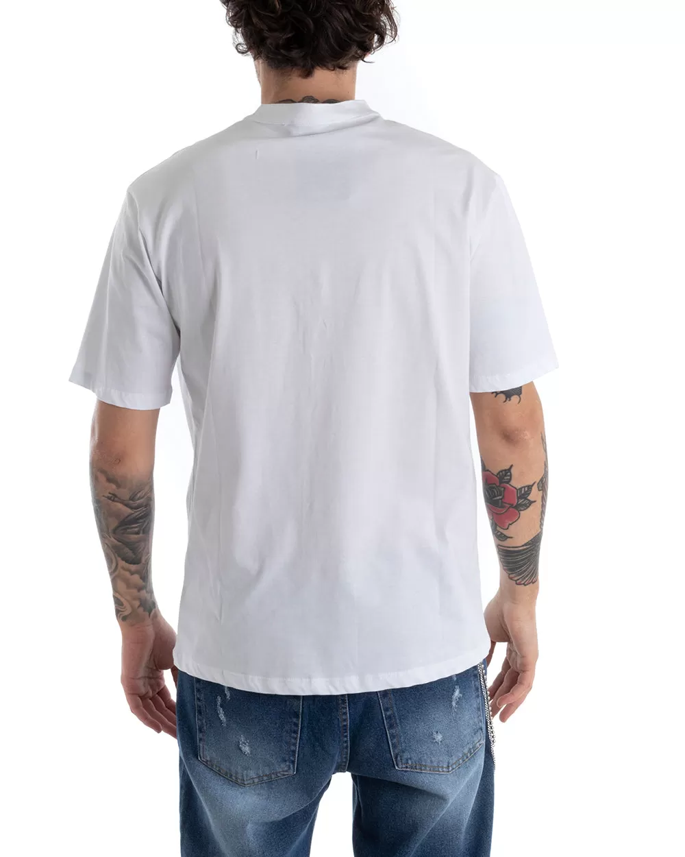 T-shirt Uomo Collo Bottoni Tinta Unita Manica Corta Bianca Casual GIOSAL