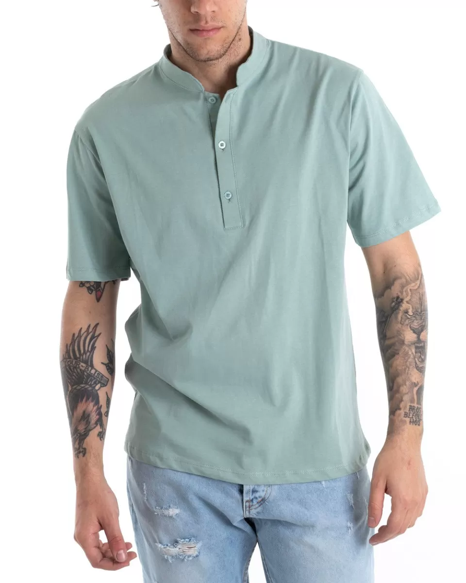 T-shirt Uomo Collo Bottoni Tinta Unita Verde Acqua Manica Corta Basic Casual GIOSAL