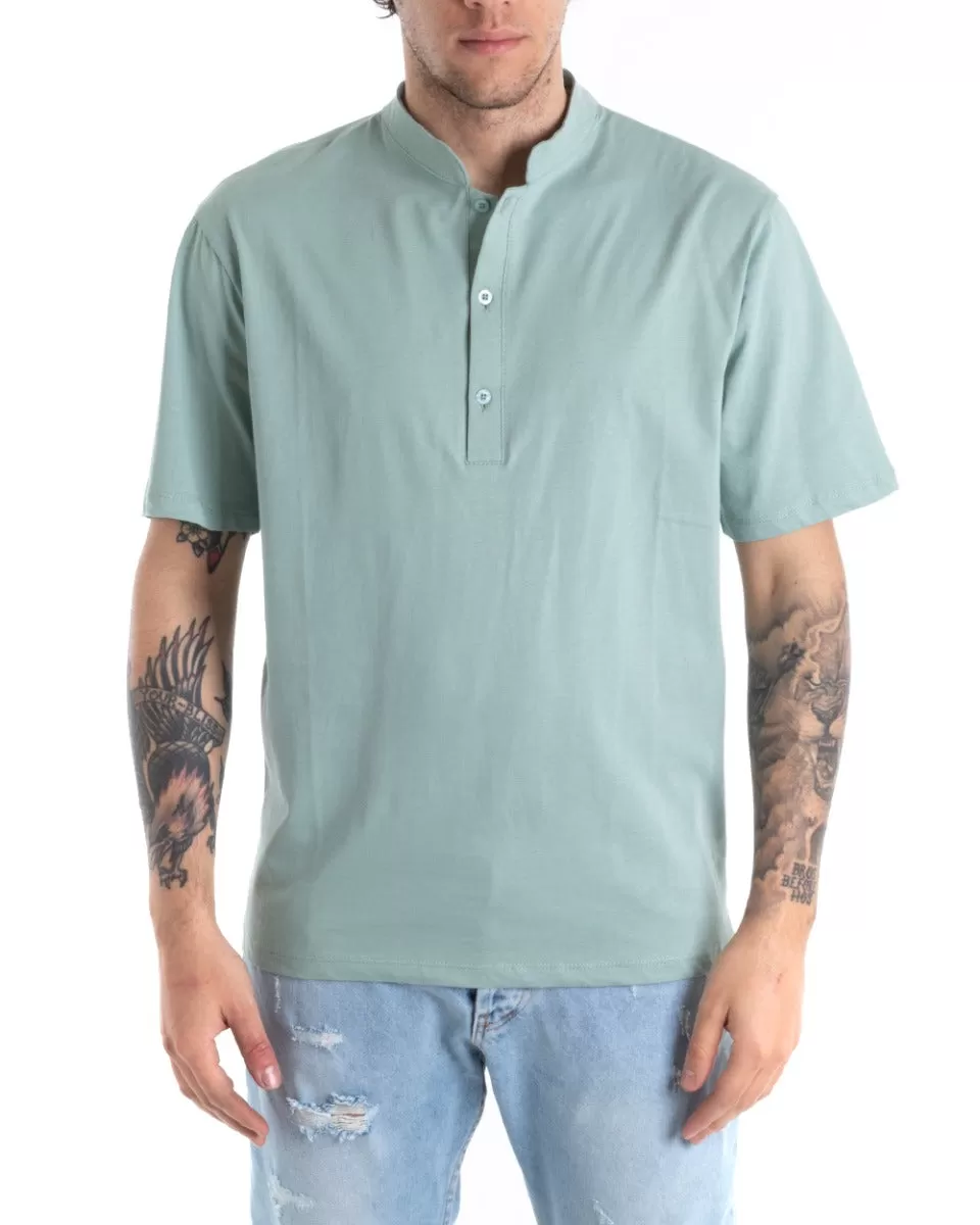 T-shirt Uomo Collo Bottoni Tinta Unita Verde Acqua Manica Corta Basic Casual GIOSAL