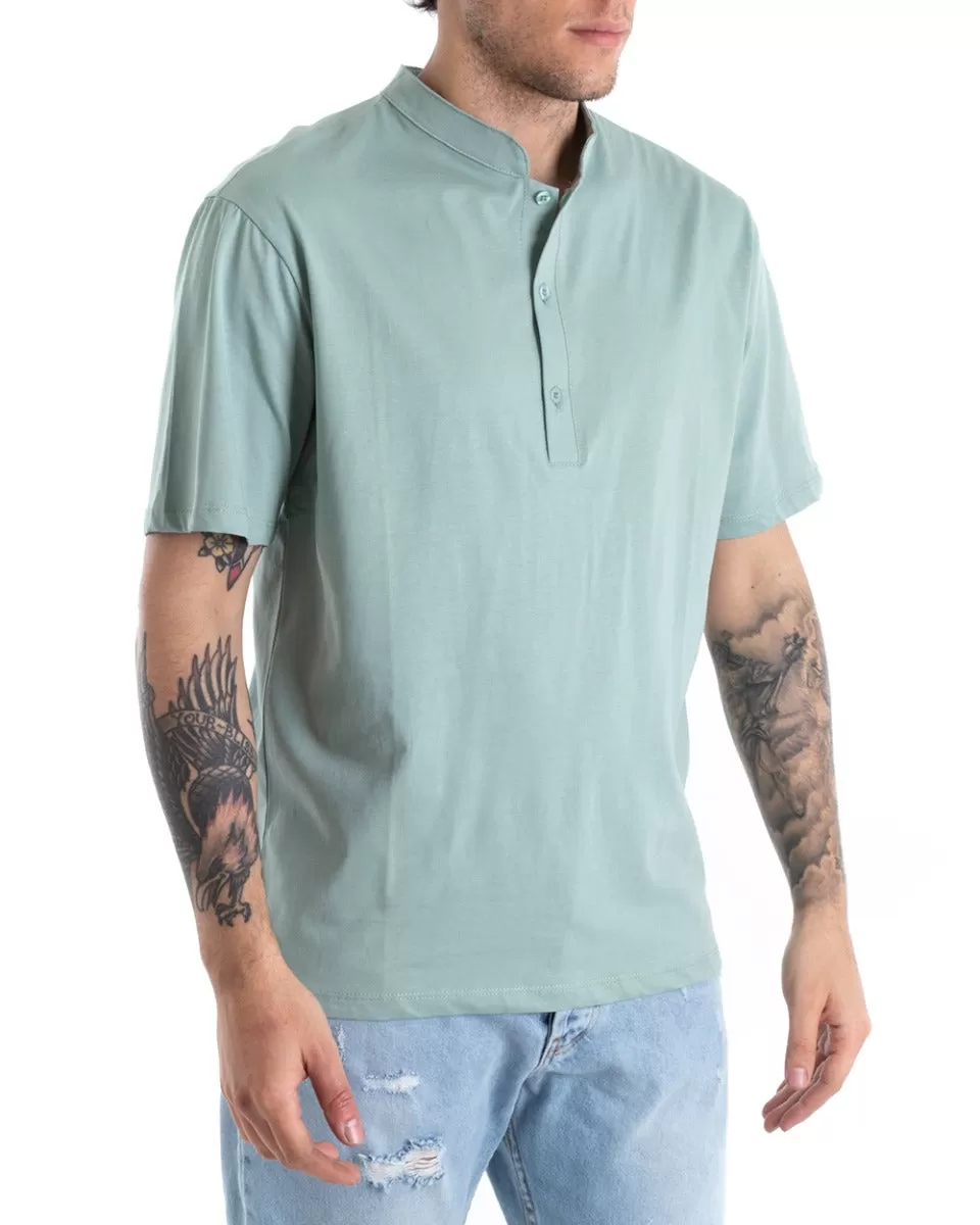 T-shirt Uomo Collo Bottoni Tinta Unita Verde Acqua Manica Corta Basic Casual GIOSAL