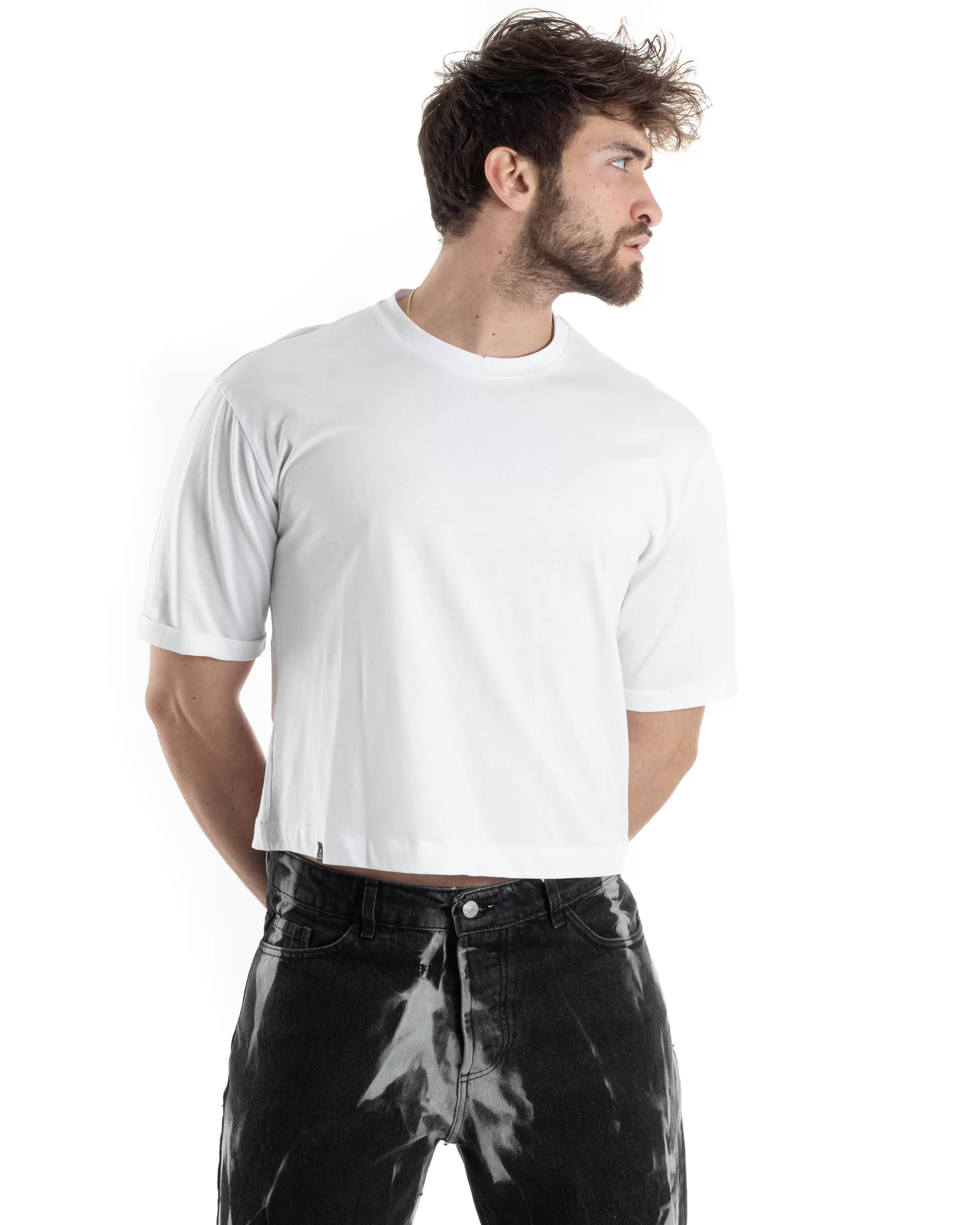 T-shirt Uomo Cropped Corta Boxy Fit Tinta Unita Bianco Casual GIOSAL-TS3004A