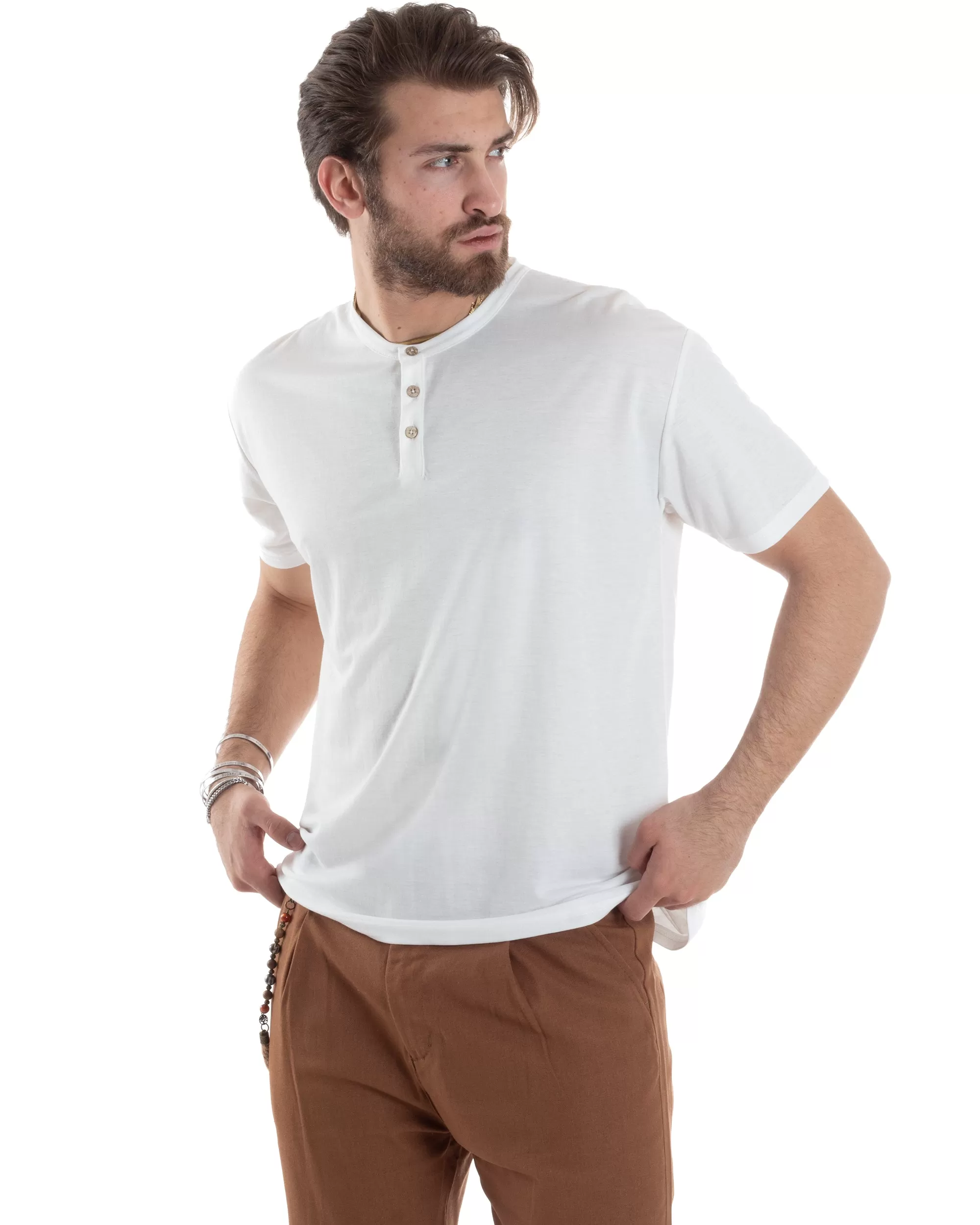 T-shirt Uomo Manica Corta Viscosa Collo Serafino Maglia Con Bottoni Casual Bianco GIOSAL-TS3035A