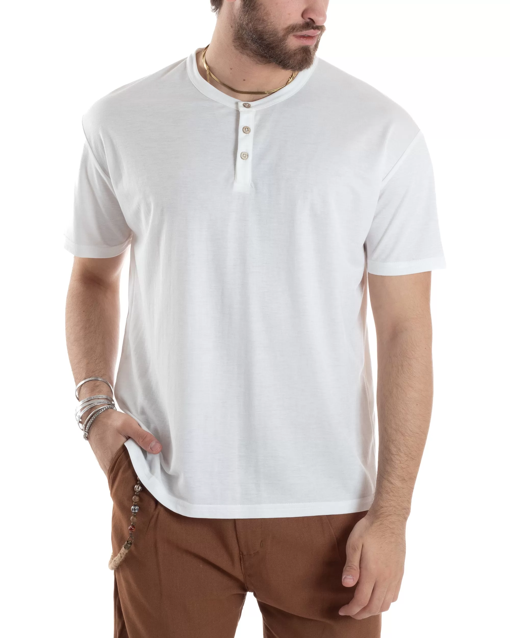 T-shirt Uomo Manica Corta Viscosa Collo Serafino Maglia Con Bottoni Casual Bianco GIOSAL-TS3035A