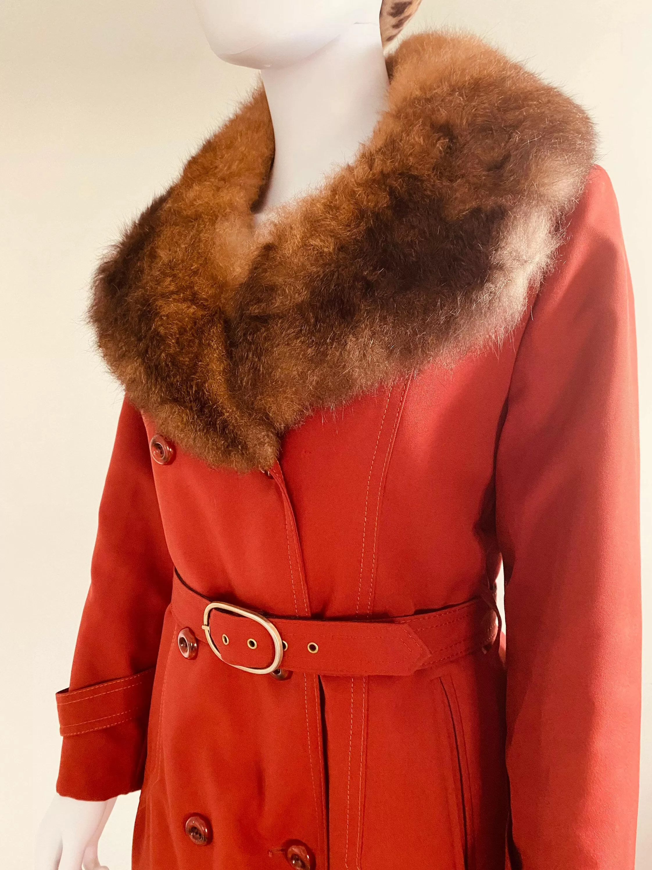 Vintage 1970s Rust Trench Coat with Fur Trim / 70s winter jacket Size S