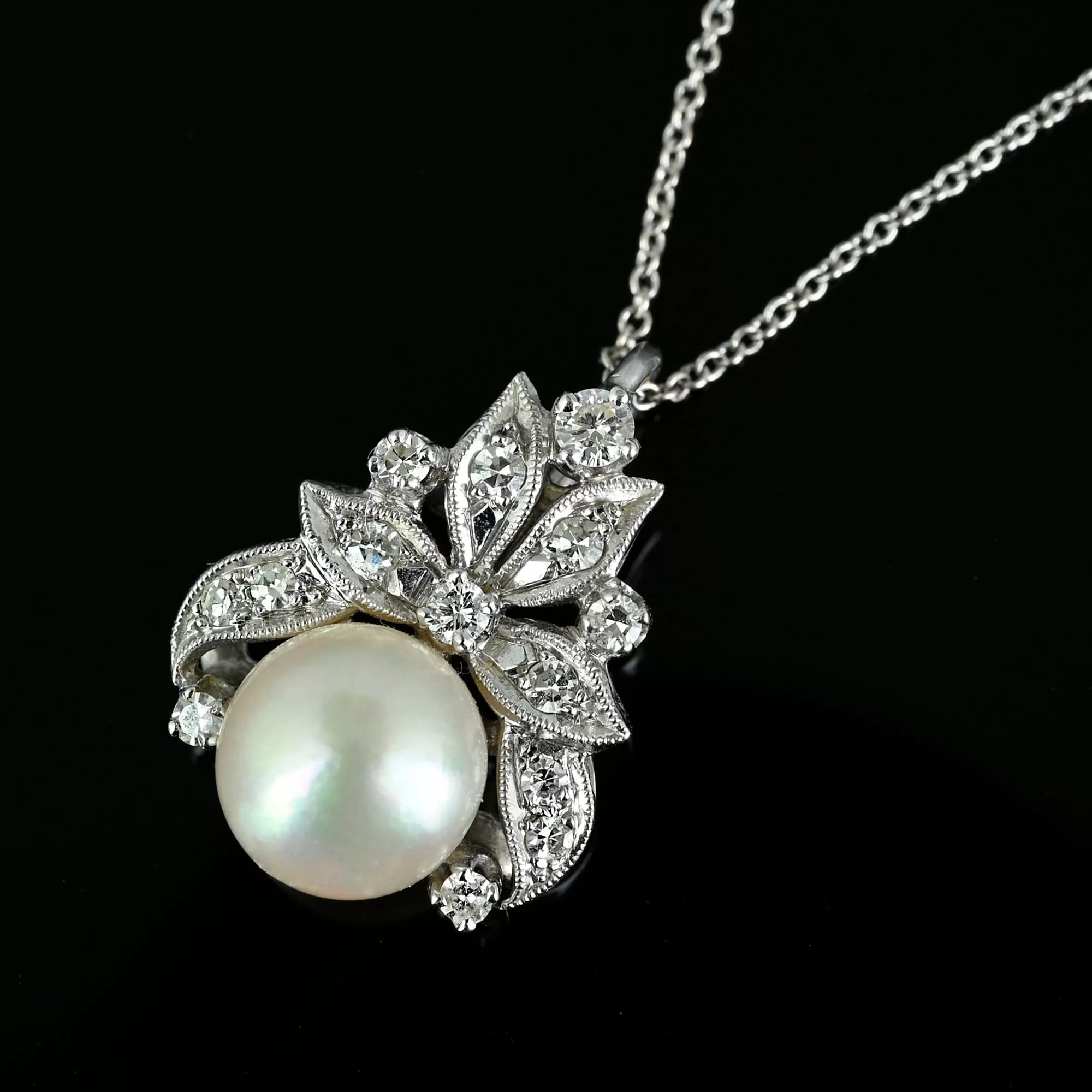 Vintage .50 Carat Diamond Akoya Pearl Pendant in 14K White Gold