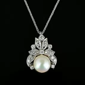 Vintage .50 Carat Diamond Akoya Pearl Pendant in 14K White Gold