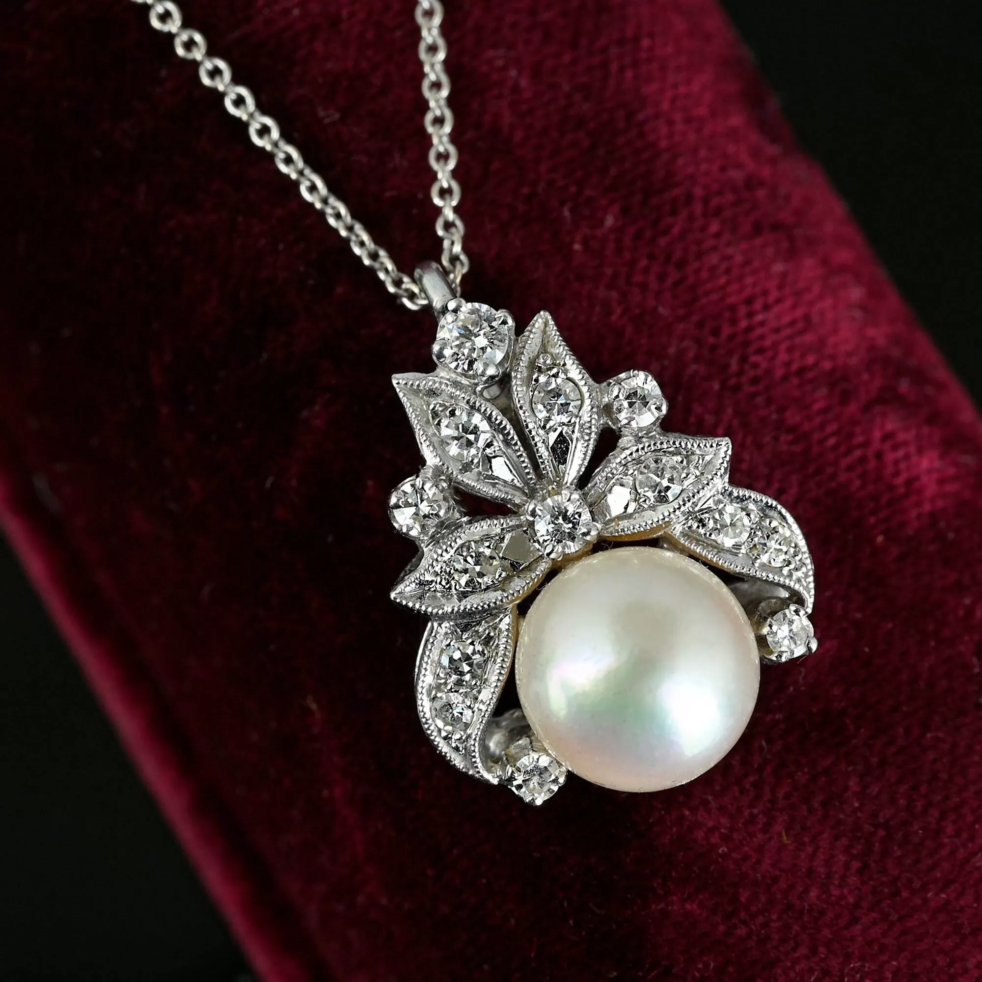 Vintage .50 Carat Diamond Akoya Pearl Pendant in 14K White Gold