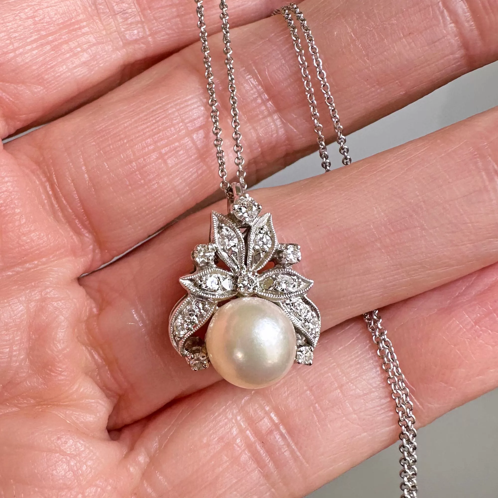 Vintage .50 Carat Diamond Akoya Pearl Pendant in 14K White Gold