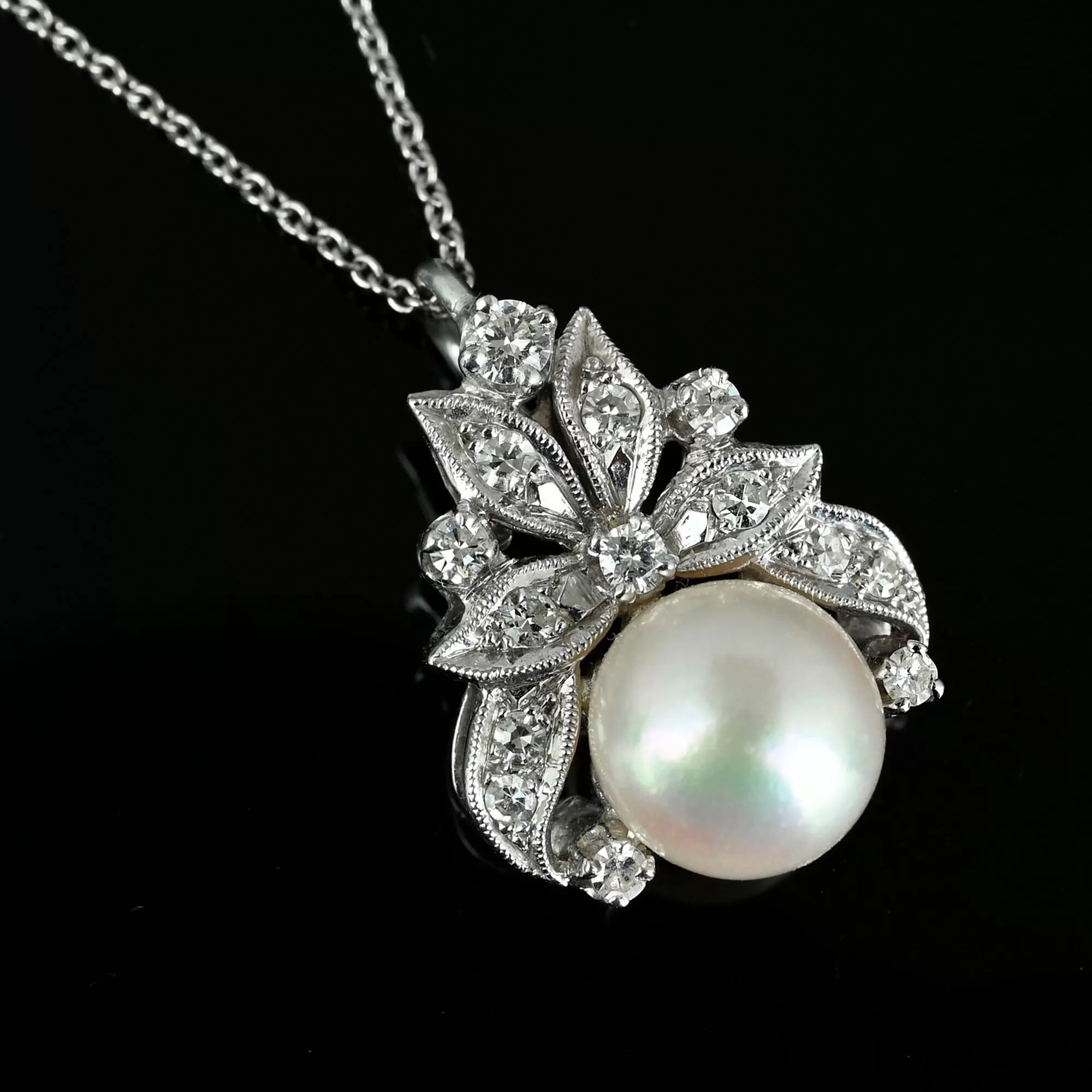 Vintage .50 Carat Diamond Akoya Pearl Pendant in 14K White Gold