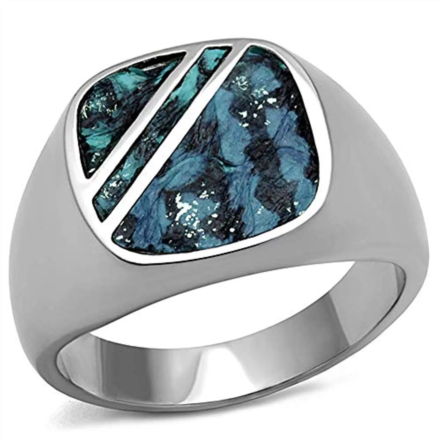 WildKlass Stainless Steel Ring High Polished Men Leather Aquamarine AB