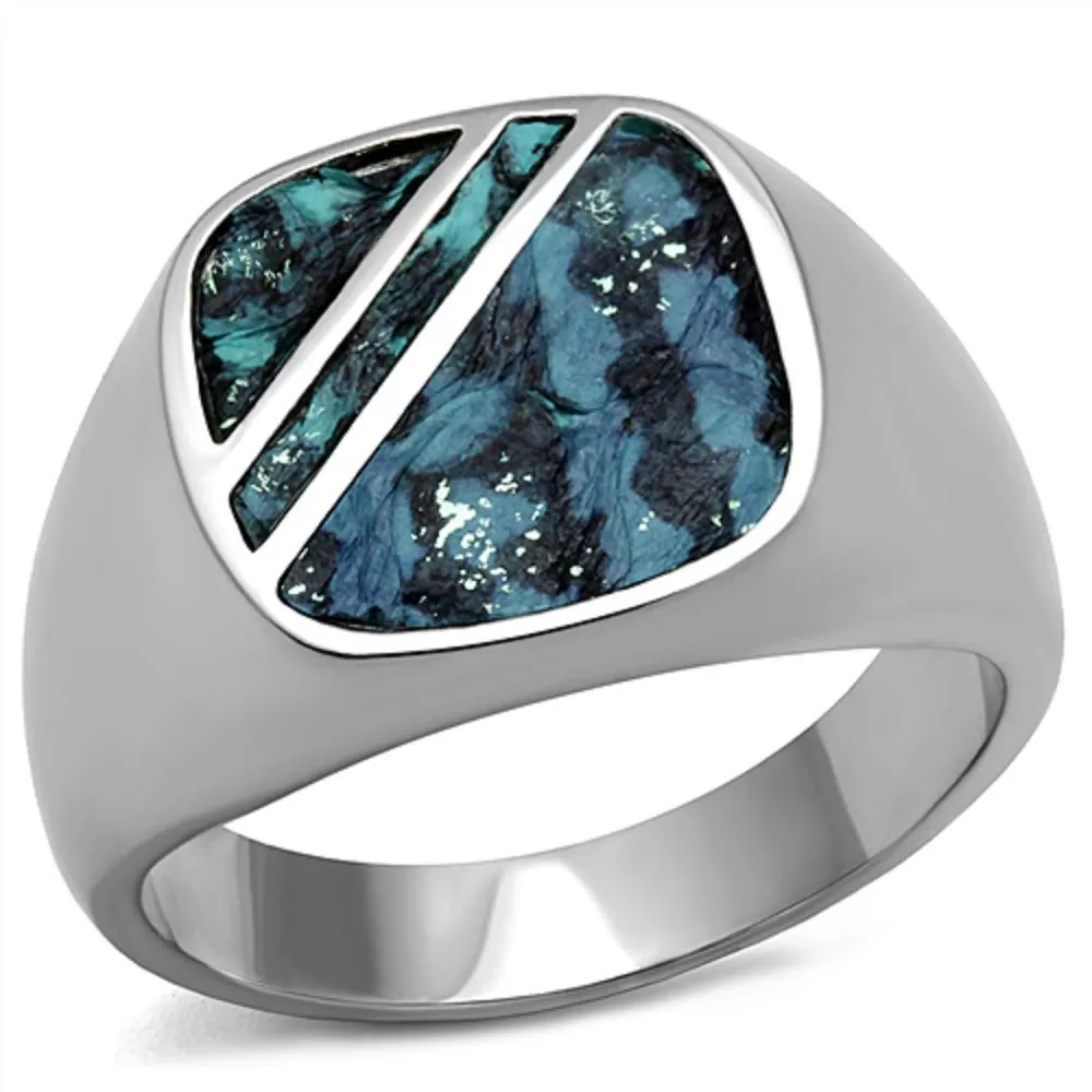 WildKlass Stainless Steel Ring High Polished Men Leather Aquamarine AB