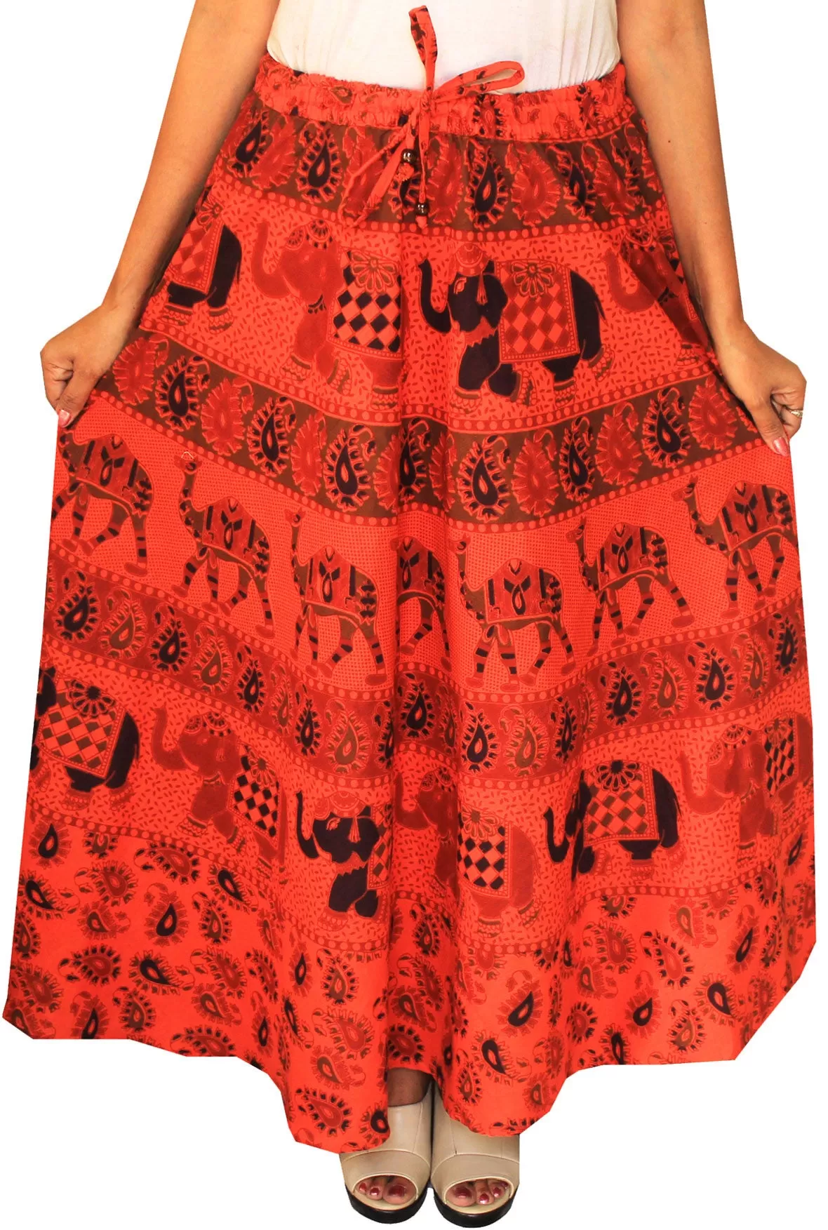 Women Printed Cotton Long Skirt India Clothes (Orange)