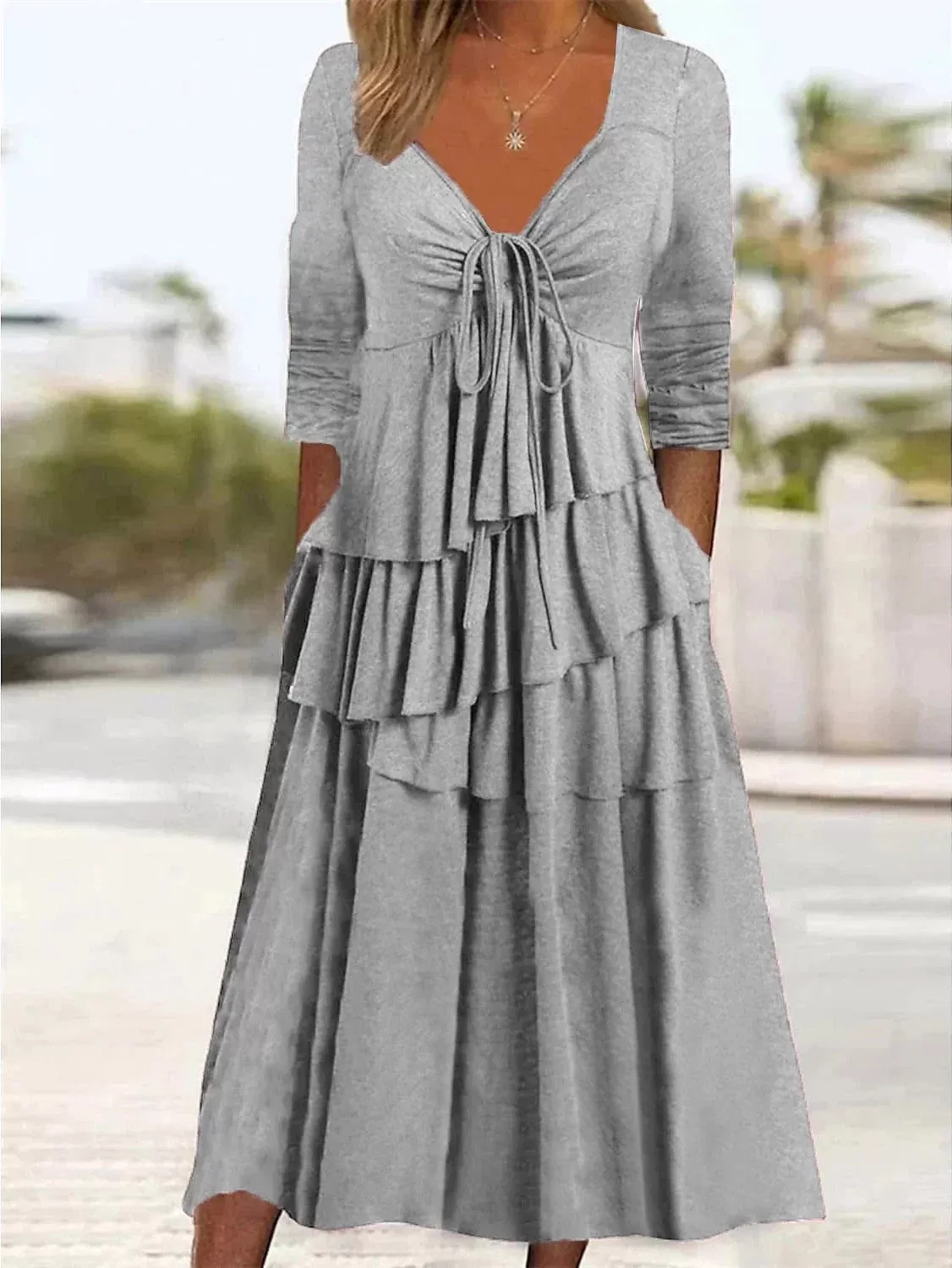 Women's Elegant Ruched Twist V Neck Midi Dress