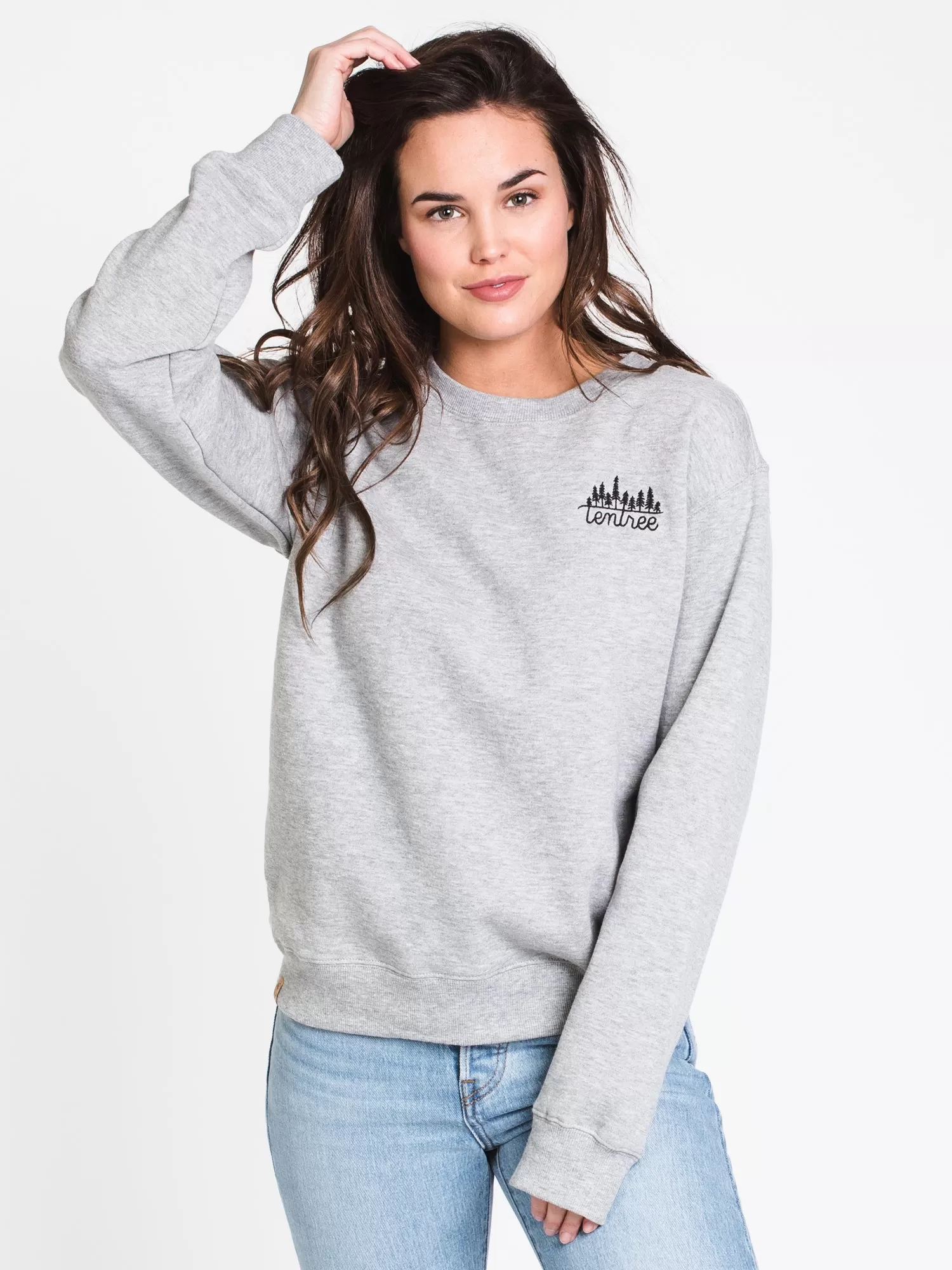 WOMENS EMB LONG SLEEVE CREW - GREY HTHR - CLEARANCE