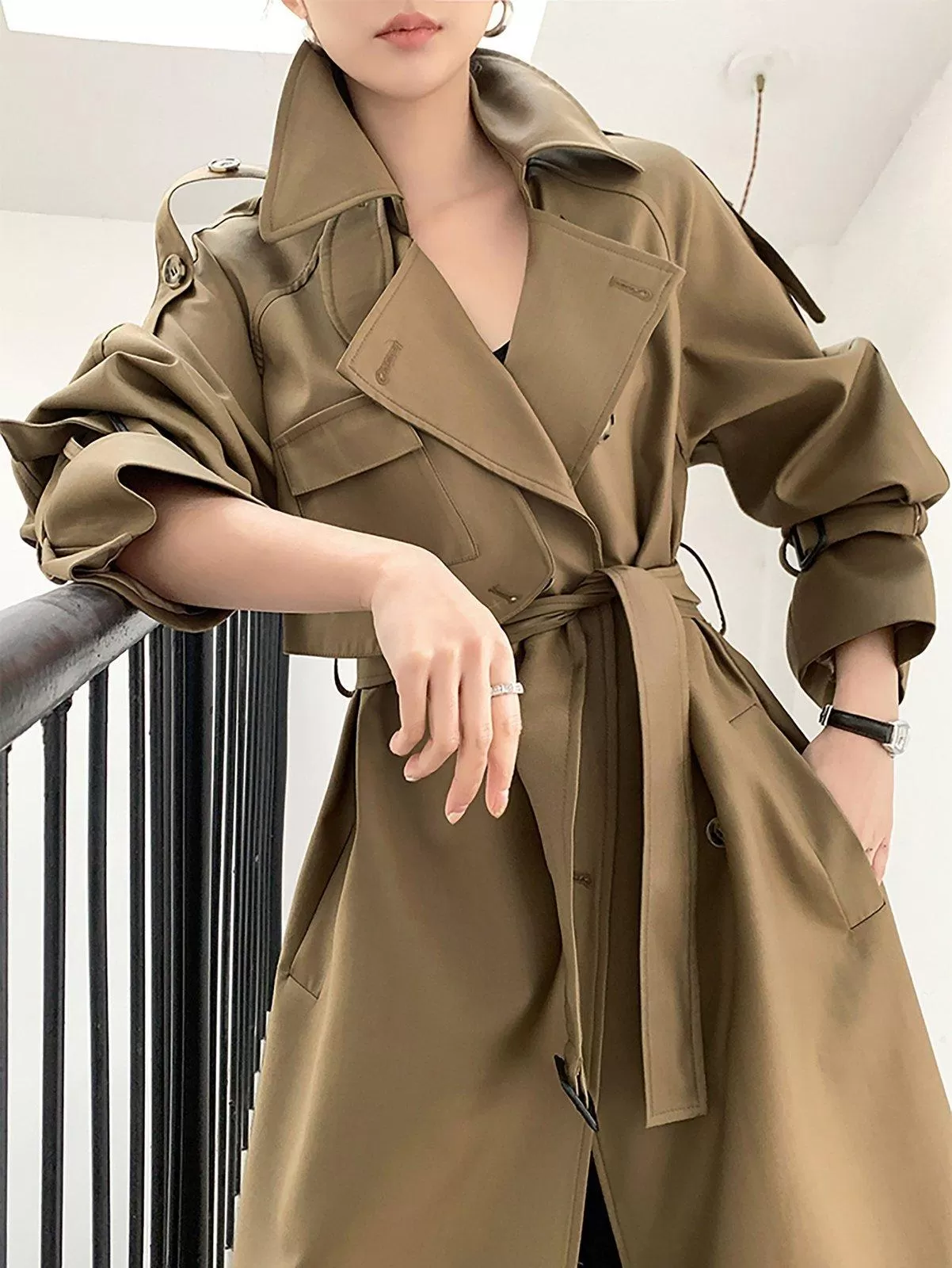 Women's Khaki long trench coat with asymmetrical pockets,Cotton Blend Wrap Trench Coat,Drop Belted Trench Windbreaker Duster Coat Outerwear