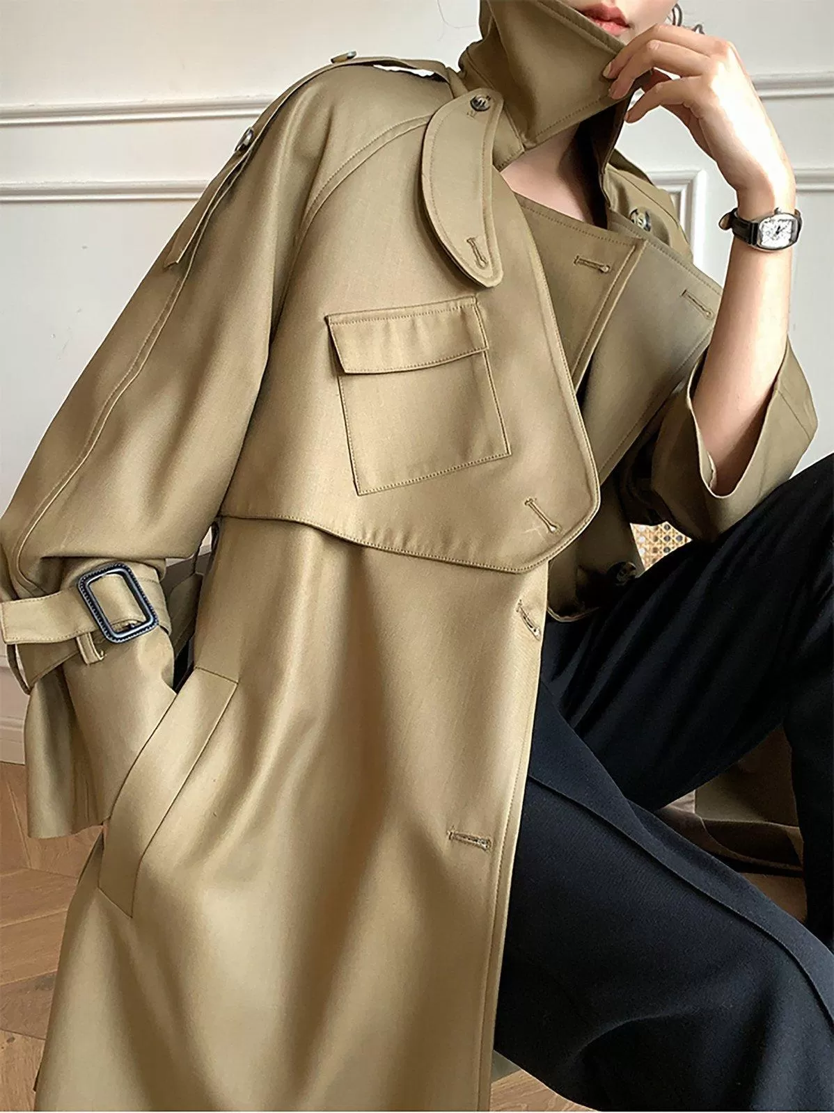 Women's Khaki long trench coat with asymmetrical pockets,Cotton Blend Wrap Trench Coat,Drop Belted Trench Windbreaker Duster Coat Outerwear