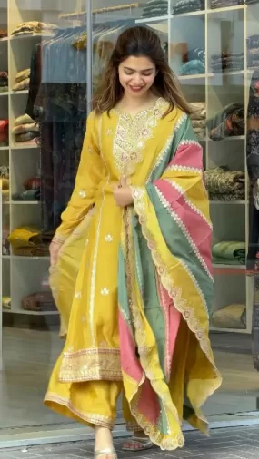 Yellow Designer Embroidered Georgette Palazzo Suit Set With Multicolour Dupatta