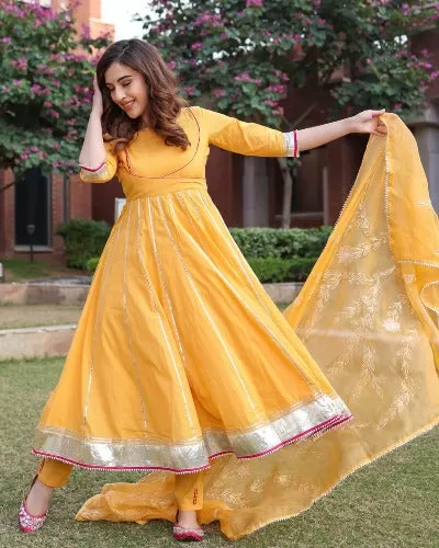 Yellow Mughal Anarkali Cotton Salwar Suit