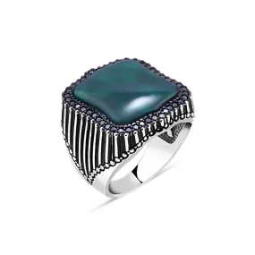 Zircons Around Green Agate Stone Hexagonal Silver Men's Ring Siding Stripe Pattern